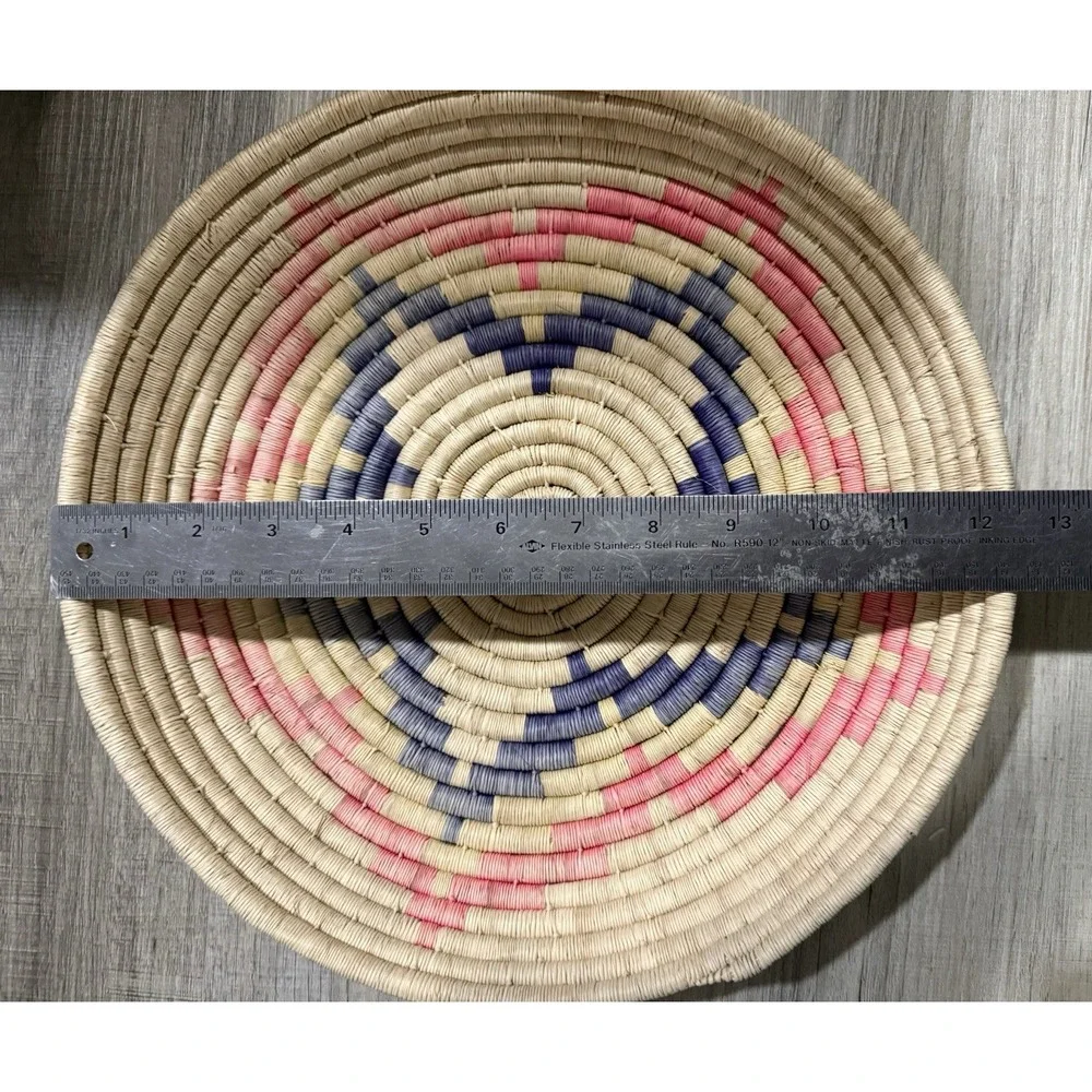 Handmade Woven African Coiled Basket Wall Decor Pink Blue Star Petal Boho